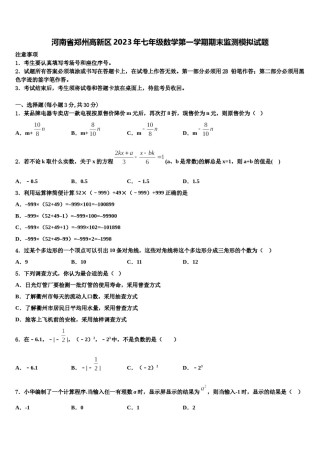 河南省郑州高新区2023年七年级数学第一学期期末监测模拟试题含解析.doc
