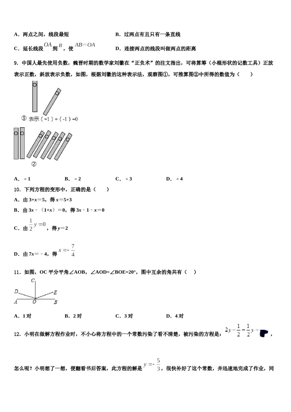 浙江省丽水2023-2024学年数学七年级第一学期期末统考模拟试题含解析.doc_第2页