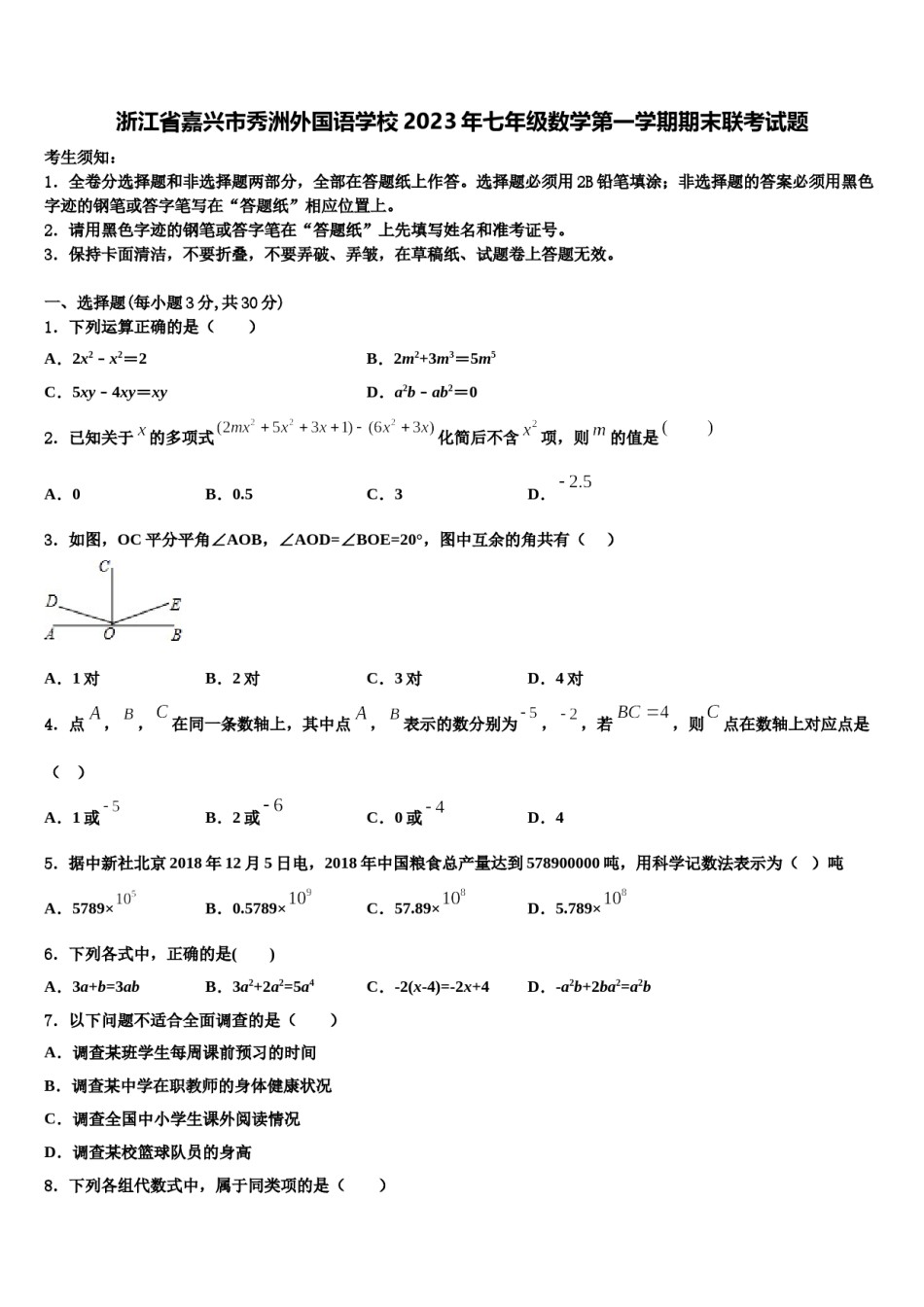 浙江省嘉兴市秀洲外国语学校2023年七年级数学第一学期期末联考试题含解析.doc_第1页