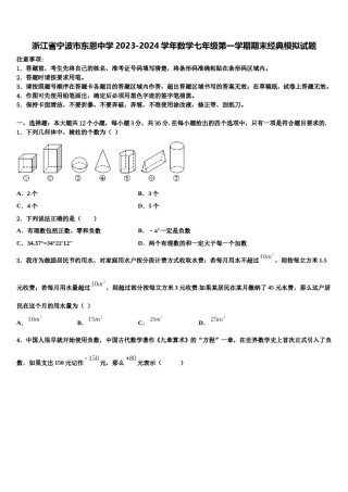 浙江省宁波市东恩中学2023-2024学年数学七年级第一学期期末经典模拟试题含解析.doc