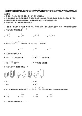 浙江省宁波市鄞州实验中学2023年七年级数学第一学期期末学业水平测试模拟试题含解析.doc