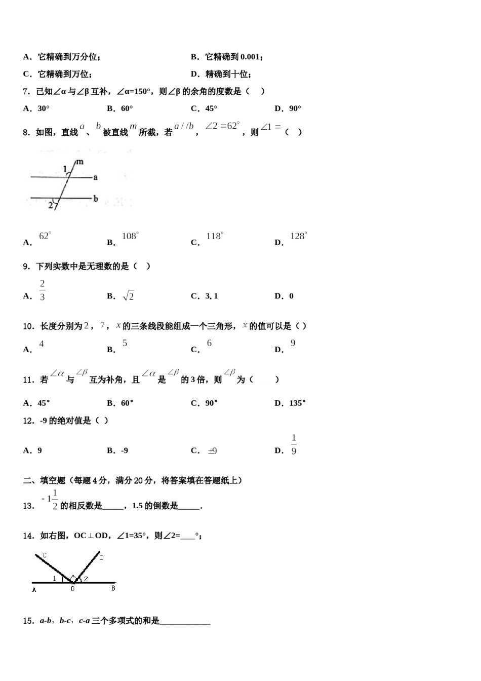 浙江省杭州市临安市2023-2024学年七年级数学第一学期期末达标检测试题含解析.doc_第2页