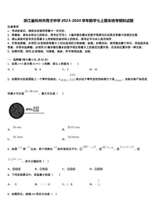 浙江省杭州市育才中学2023-2024学年数学七上期末统考模拟试题含解析.doc