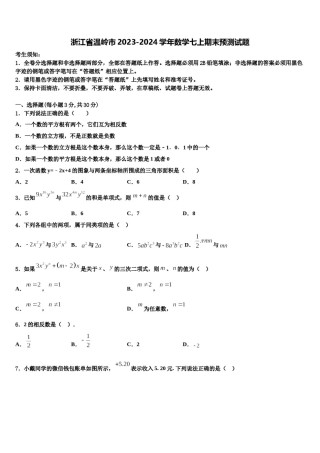 浙江省温岭市2023-2024学年数学七上期末预测试题含解析.doc