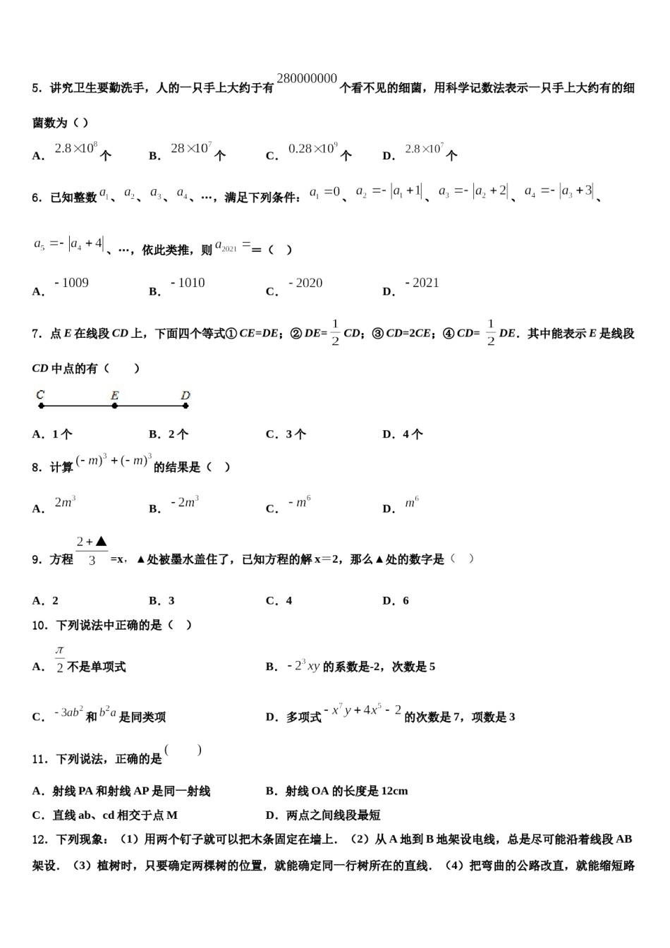 浙江省温州市瑞安市2023-2024学年七年级数学第一学期期末检测模拟试题含解析.doc_第2页