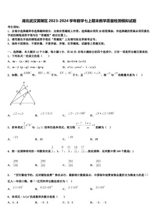 湖北武汉黄陂区2023-2024学年数学七上期末教学质量检测模拟试题含解析.doc