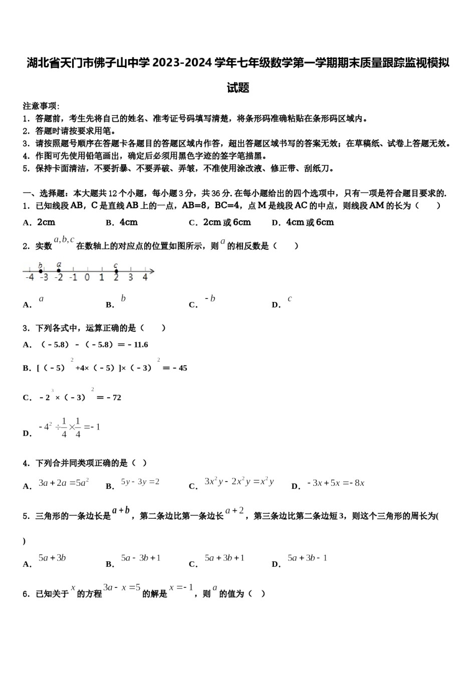 湖北省天门市佛子山中学2023-2024学年七年级数学第一学期期末质量跟踪监视模拟试题含解析.doc_第1页