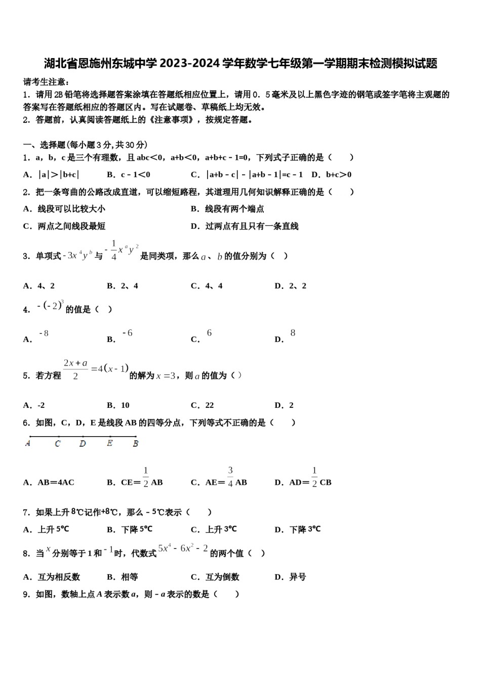 湖北省恩施州东城中学2023-2024学年数学七年级第一学期期末检测模拟试题含解析.doc_第1页