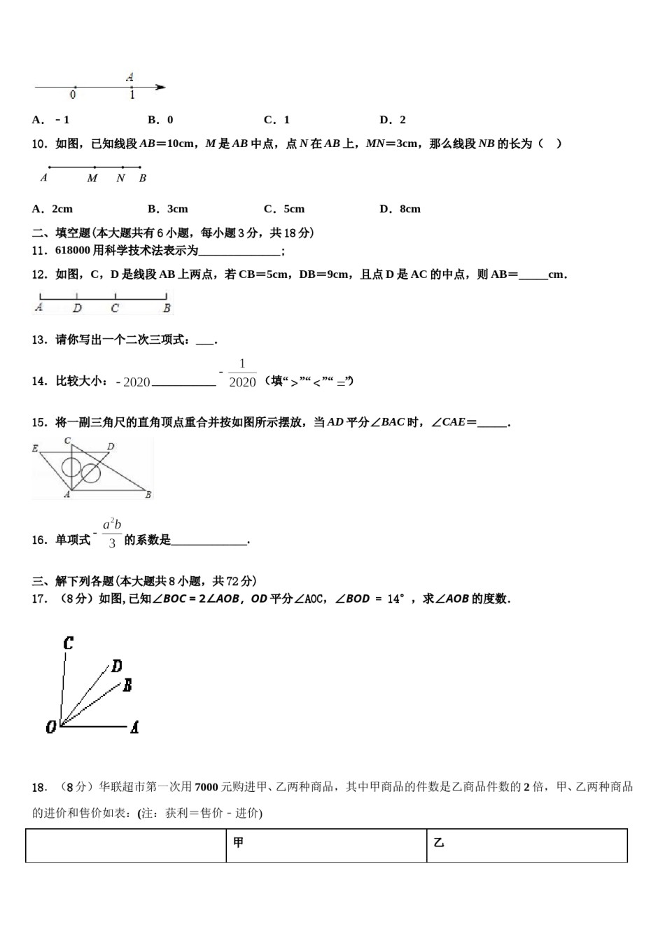 湖北省恩施州东城中学2023-2024学年数学七年级第一学期期末检测模拟试题含解析.doc_第2页