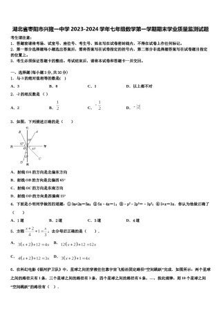 湖北省枣阳市兴隆一中学2023-2024学年七年级数学第一学期期末学业质量监测试题含解析.doc