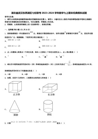 湖北省武汉东西湖区七校联考2023-2024学年数学七上期末经典模拟试题含解析.doc