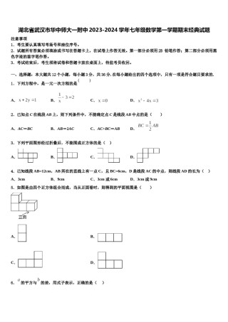 湖北省武汉市华中师大一附中2023-2024学年七年级数学第一学期期末经典试题含解析.doc