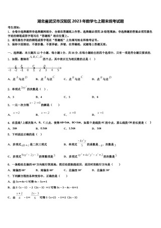 湖北省武汉市汉阳区2023年数学七上期末统考试题含解析.doc