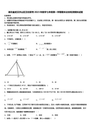 湖北省武汉洪山区五校联考2023年数学七年级第一学期期末达标检测模拟试题含解析.doc