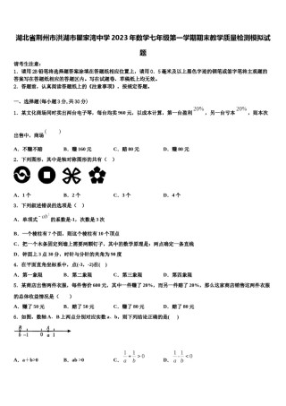 湖北省荆州市洪湖市瞿家湾中学2023年数学七年级第一学期期末教学质量检测模拟试题含解析.doc