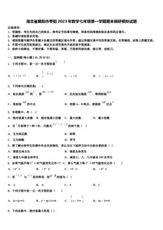 湖北省襄阳市枣阳2023年数学七年级第一学期期末调研模拟试题含解析.doc