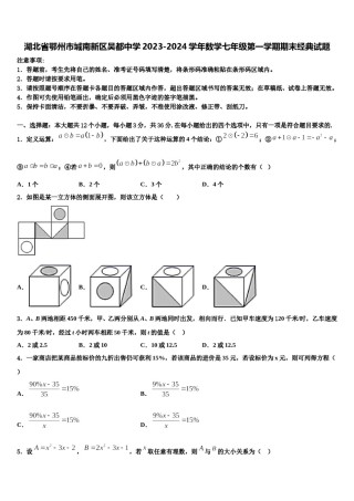 湖北省鄂州市城南新区吴都中学2023-2024学年数学七年级第一学期期末经典试题含解析.doc