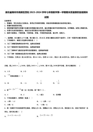 湖北省随州市高新区四校2023-2024学年七年级数学第一学期期末质量跟踪监视模拟试题含解析.doc