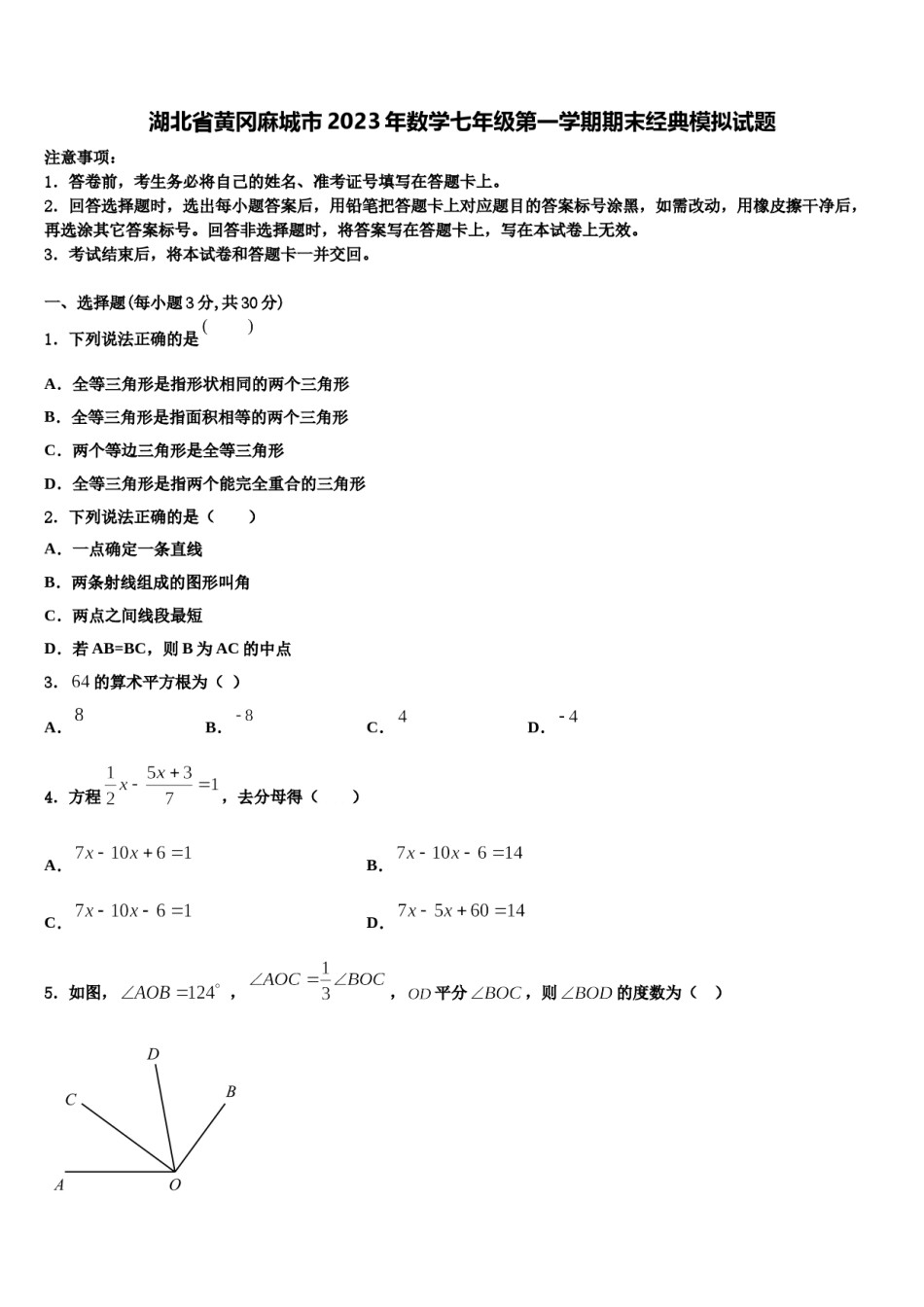 湖北省黄冈麻城市2023年数学七年级第一学期期末经典模拟试题含解析.doc_第1页