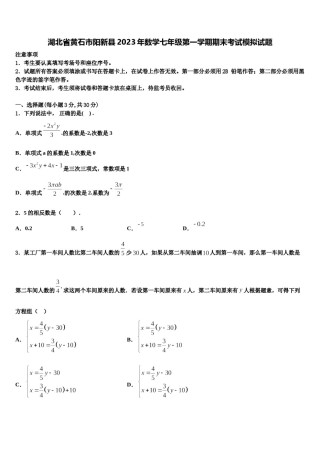 湖北省黄石市阳新县2023年数学七年级第一学期期末考试模拟试题含解析.doc
