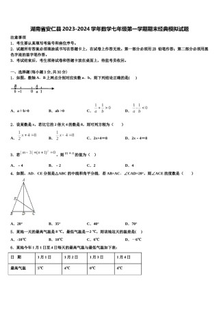 湖南省安仁县2023-2024学年数学七年级第一学期期末经典模拟试题含解析.doc