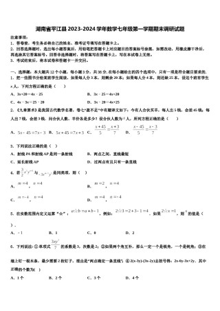 湖南省平江县2023-2024学年数学七年级第一学期期末调研试题含解析.doc