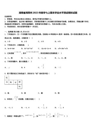 湖南省湘西州2023年数学七上期末学业水平测试模拟试题含解析.doc