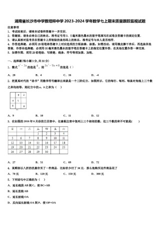 湖南省长沙市中学雅培粹中学2023-2024学年数学七上期末质量跟踪监视试题含解析.doc