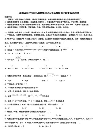 湖南省长沙市雅礼教育集团2023年数学七上期末监测试题含解析.doc