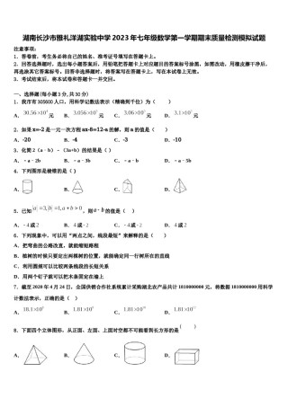湖南长沙市雅礼洋湖实验中学2023年七年级数学第一学期期末质量检测模拟试题含解析.doc