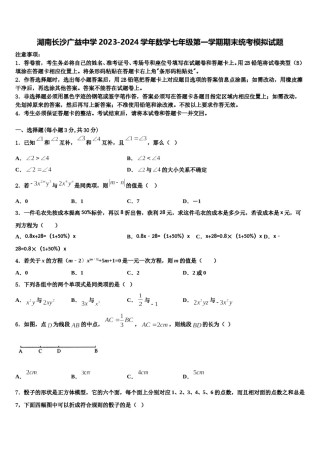 湖南长沙广益中学2023-2024学年数学七年级第一学期期末统考模拟试题含解析.doc