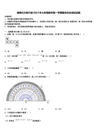 湖南长沙青竹湖2023年七年级数学第一学期期末综合测试试题含解析.doc