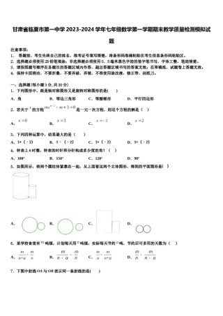甘肃省临夏市第一中学2023-2024学年七年级数学第一学期期末教学质量检测模拟试题含解析.doc