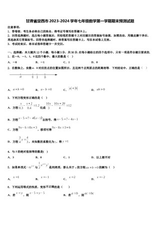 甘肃省定西市2023-2024学年七年级数学第一学期期末预测试题含解析.doc