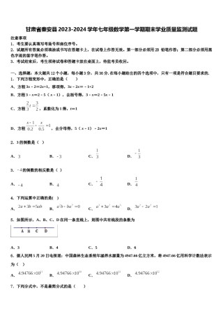 甘肃省秦安县2023-2024学年七年级数学第一学期期末学业质量监测试题含解析.doc
