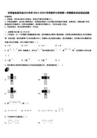 甘肃省金昌市金川六中学2023-2024学年数学七年级第一学期期末综合测试试题含解析.doc