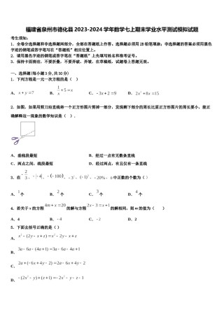 福建省泉州市德化县2023-2024学年数学七上期末学业水平测试模拟试题含解析.doc