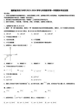 福建省龙岩八中学2023-2024学年七年级数学第一学期期末考试试题含解析.doc