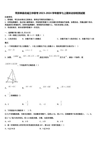 菏泽单县北城三中联考2023-2024学年数学七上期末达标检测试题含解析.doc