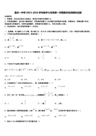 重庆一中学2023-2024学年数学七年级第一学期期末检测模拟试题含解析.doc