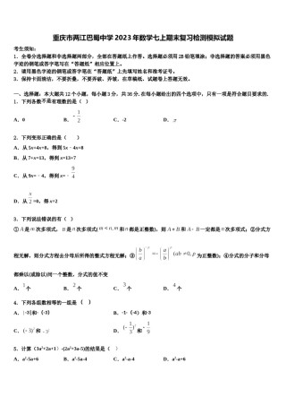 重庆市两江巴蜀中学2023年数学七上期末复习检测模拟试题含解析.doc