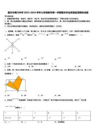重庆市南川中学2023-2024学年七年级数学第一学期期末学业质量监测模拟试题含解析.doc