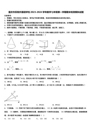 重庆市实验外国语学校2023-2024学年数学七年级第一学期期末检测模拟试题含解析.doc