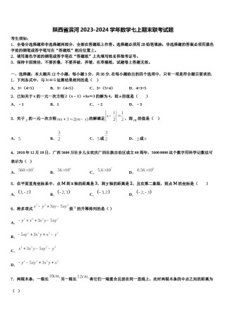 陕西省滨河2023-2024学年数学七上期末联考试题含解析.doc