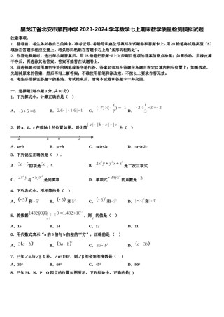 黑龙江省北安市第四中学2023-2024学年数学七上期末教学质量检测模拟试题含解析.doc