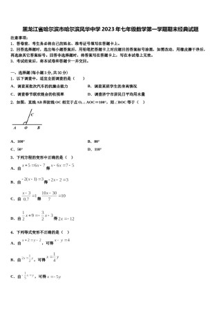 黑龙江省哈尔滨市哈尔滨风华中学2023年七年级数学第一学期期末经典试题含解析.doc