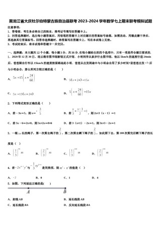 黑龙江省大庆杜尔伯特蒙古族自治县联考2023-2024学年数学七上期末联考模拟试题含解析.doc
