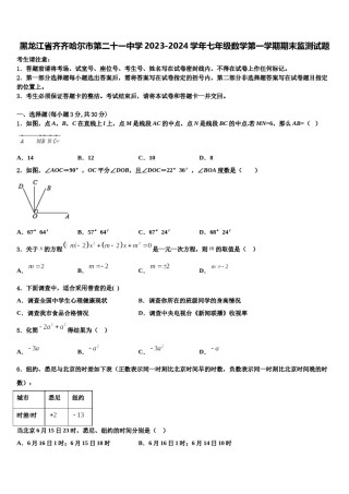 黑龙江省齐齐哈尔市第二十一中学2023-2024学年七年级数学第一学期期末监测试题含解析.doc