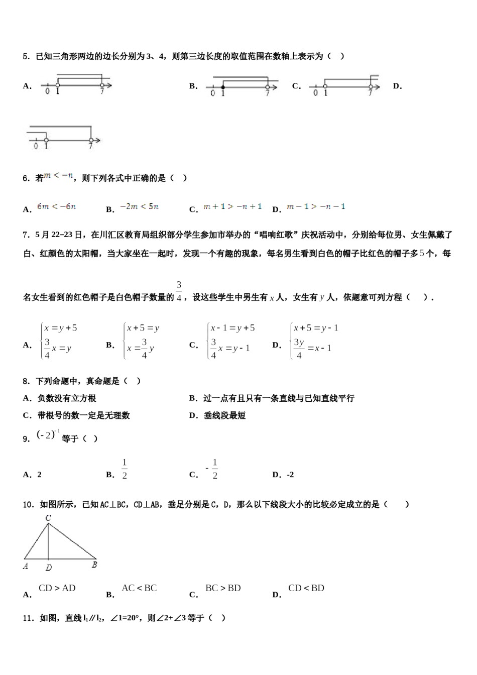 2023-2024学年四川省遂宁二中学七下数学期末检测试题含解析.doc_第2页