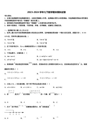 2023-2024学年山东聊城市文轩中学七年级数学第二学期期末调研试题含解析.doc